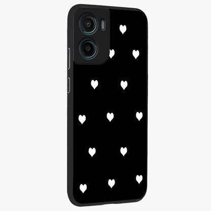 Cute And Simple White Hearts Glass Case upright view showcasing simple white hearts artwork with soft minimal theme.