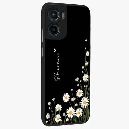 Daisy Cascade Custom Name Glass Case upright view showcasing elegant floral cascade design with personalized aesthetic.