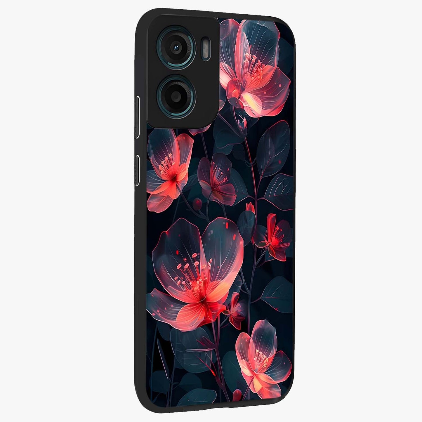 Dark Shade of Flower Glass Case upright view showcasing delicate flower artwork with rich dark floral theme.