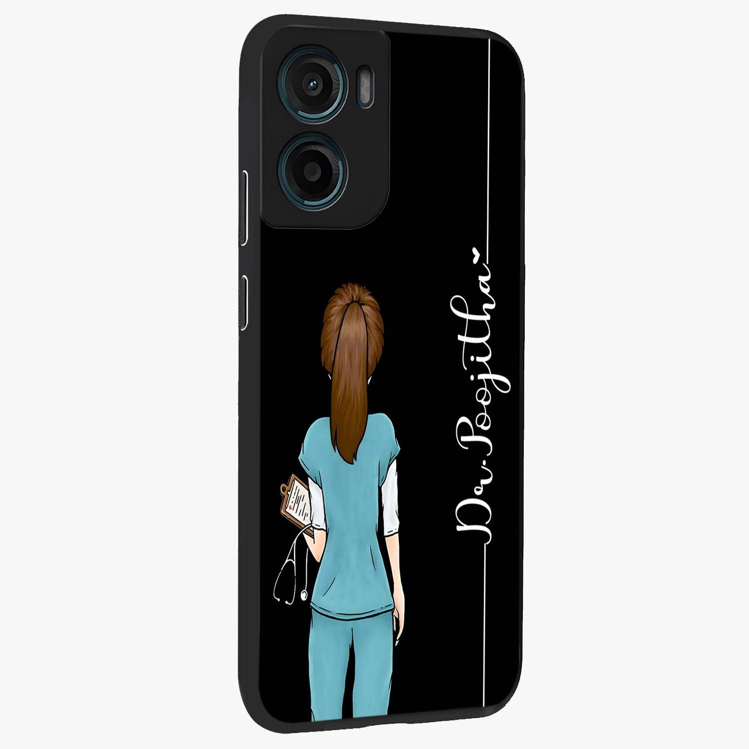 Doctor Pattern Custom Name Glass Case upright view showcasing healthcare themed design with personalized aesthetic.