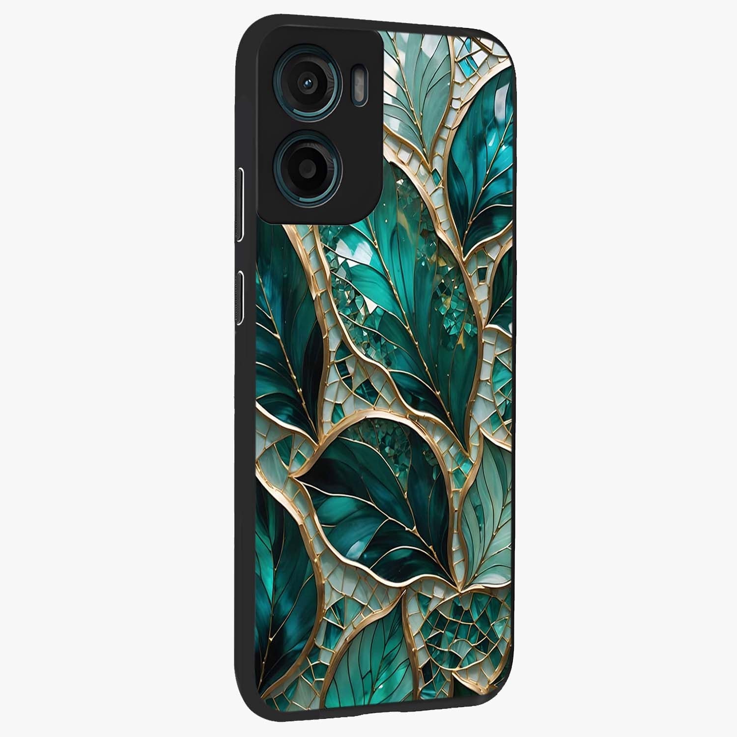 Emerald Leaf Glass Glass Case upright view showcasing fresh green leaf artwork with calming nature inspired style.