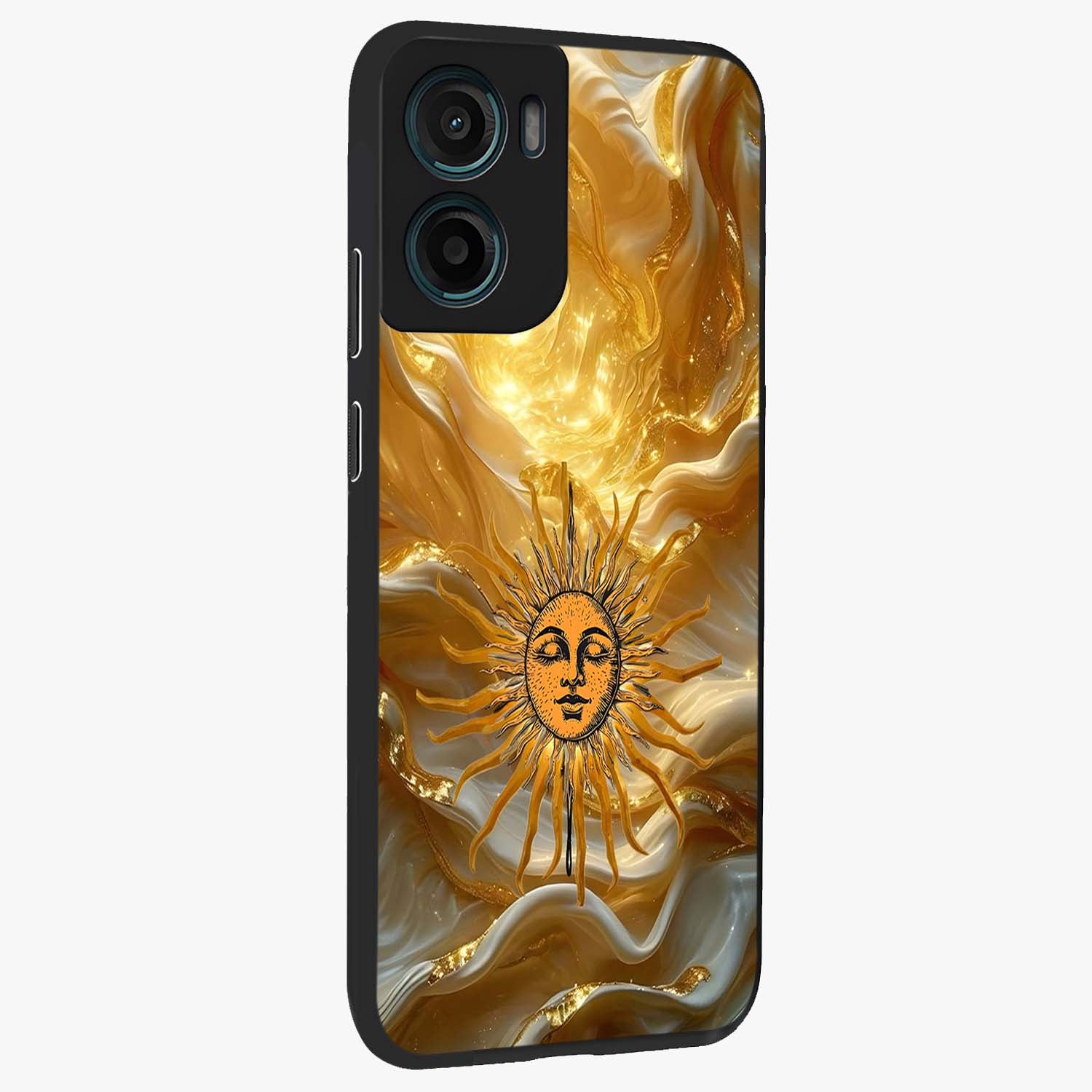 Eternal Golden Glow Glass Case upright view showcasing luminous golden artwork with luxurious visual theme.
