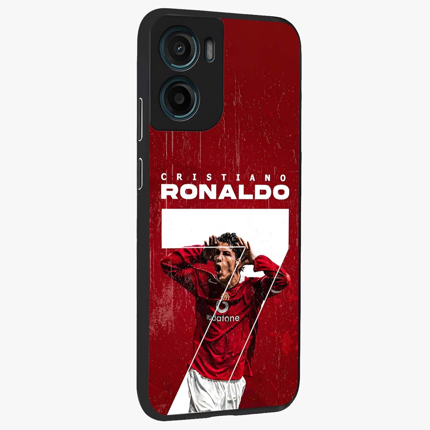 Goal Celebration Legacy Glass Case upright view showcasing dynamic football inspired artwork with victory celebration aesthetic.