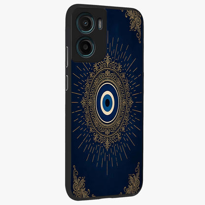 Golden Celestial Charm Glass Case upright view showcasing radiant celestial artwork with elegant golden theme.