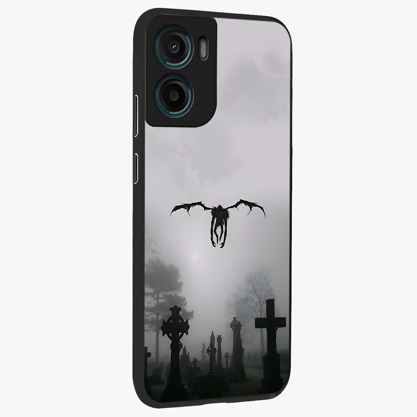 Graveyard Shadow Descent Glass Case upright view showcasing haunting graveyard artwork with dramatic dark theme.