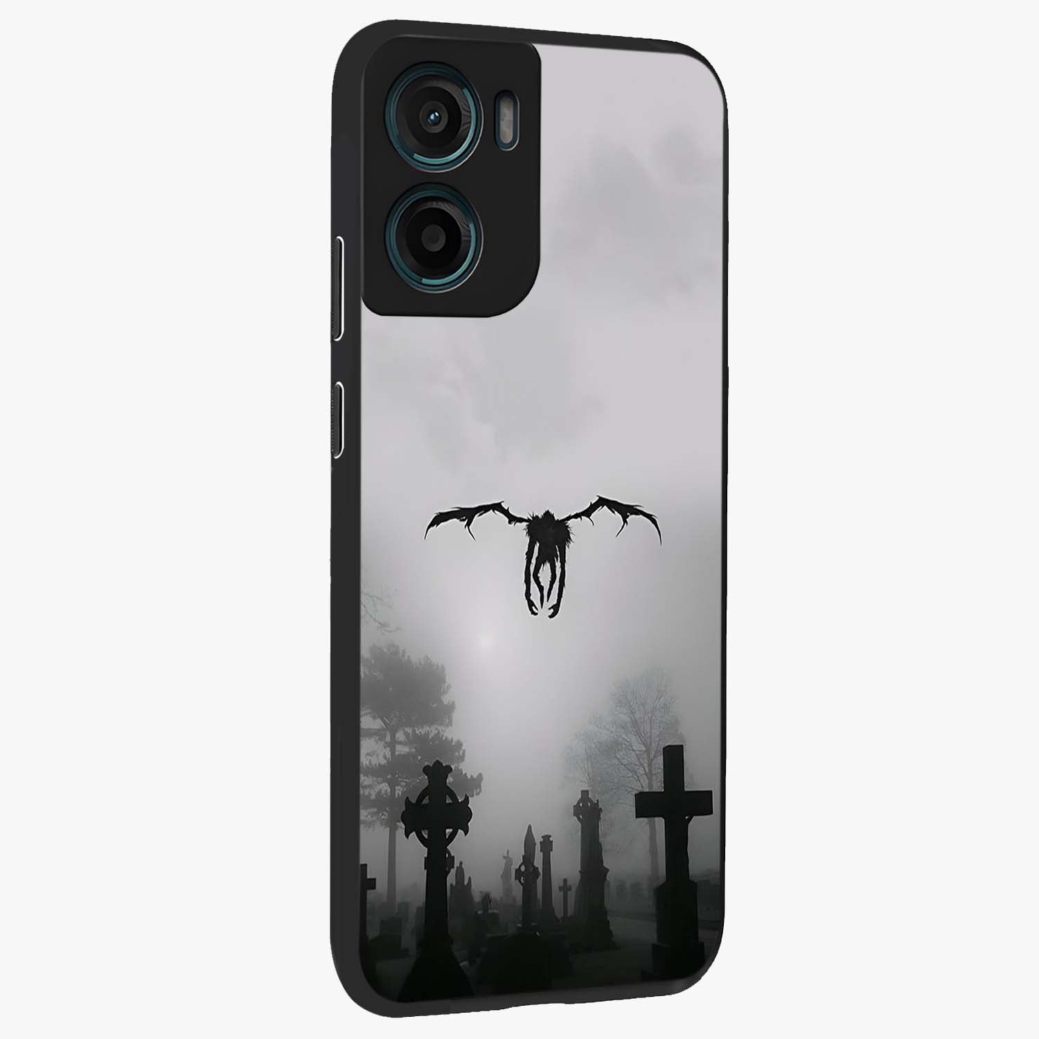 Graveyard Shadow Descent Glass Case upright view showcasing haunting graveyard artwork with dramatic dark theme.