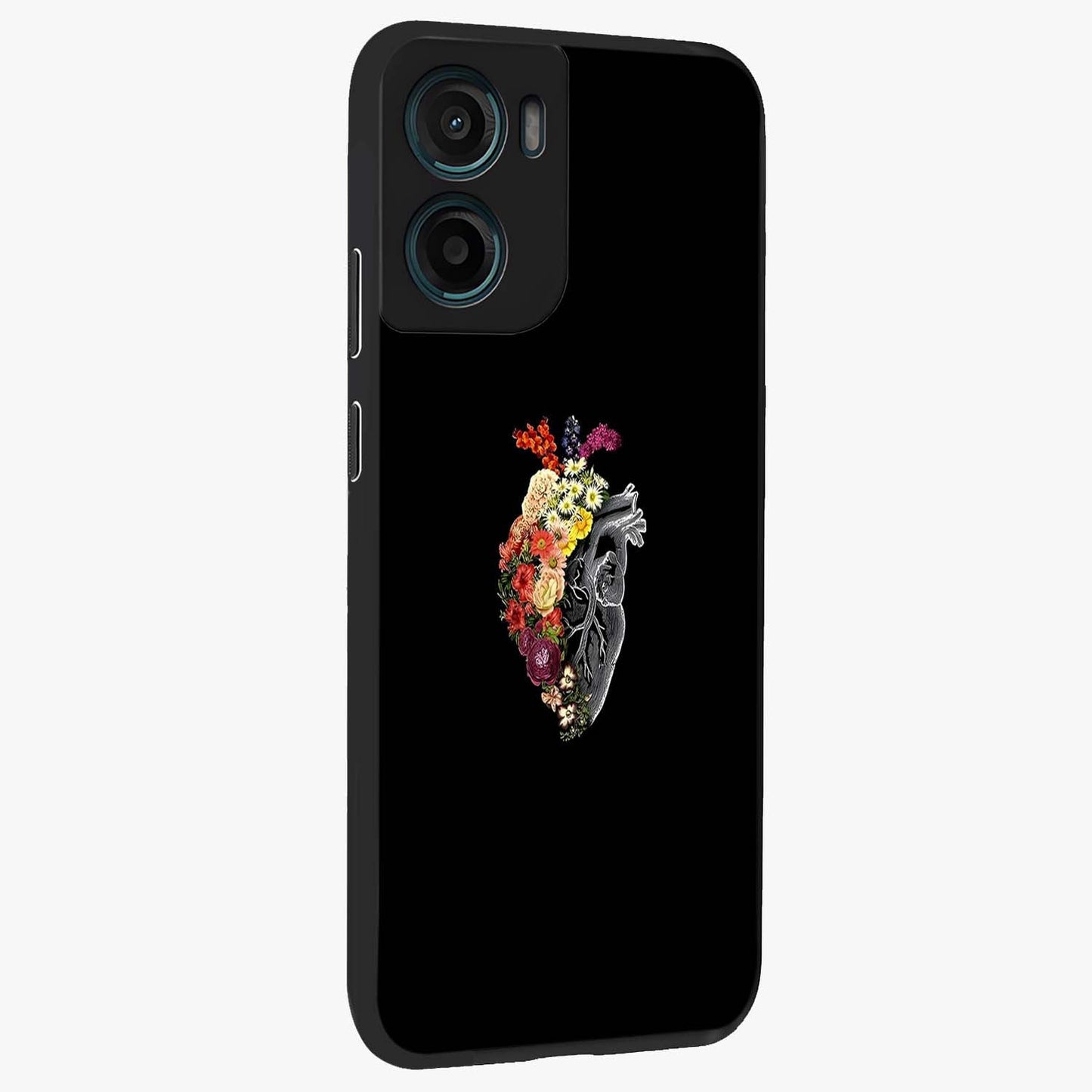 Heart With Flowers Glass Case upright view showcasing decorative heart and floral artwork with sweet romantic theme.