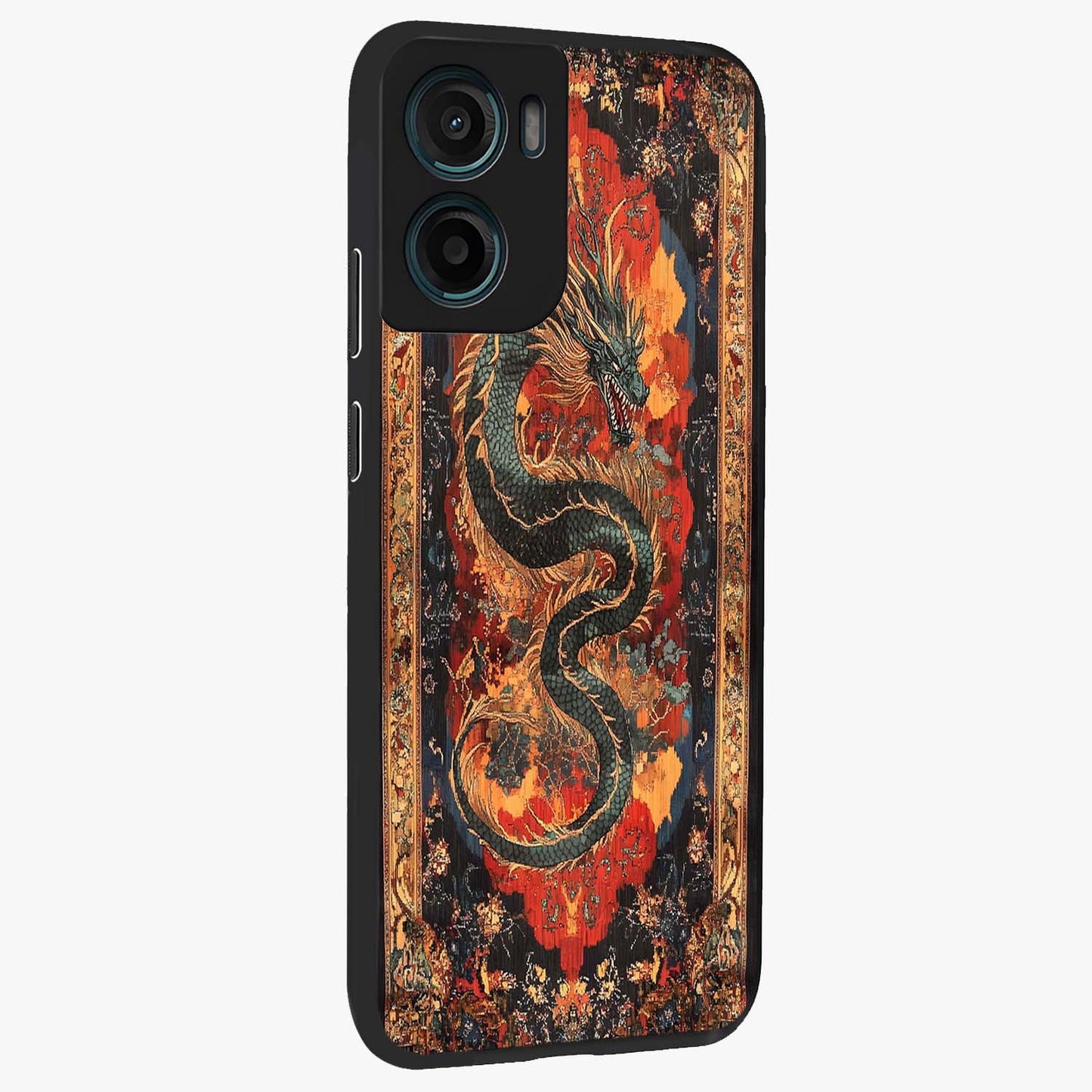 Inferno Dragon Soul Glass Case upright view showcasing intense dragon artwork with fantasy fire theme.