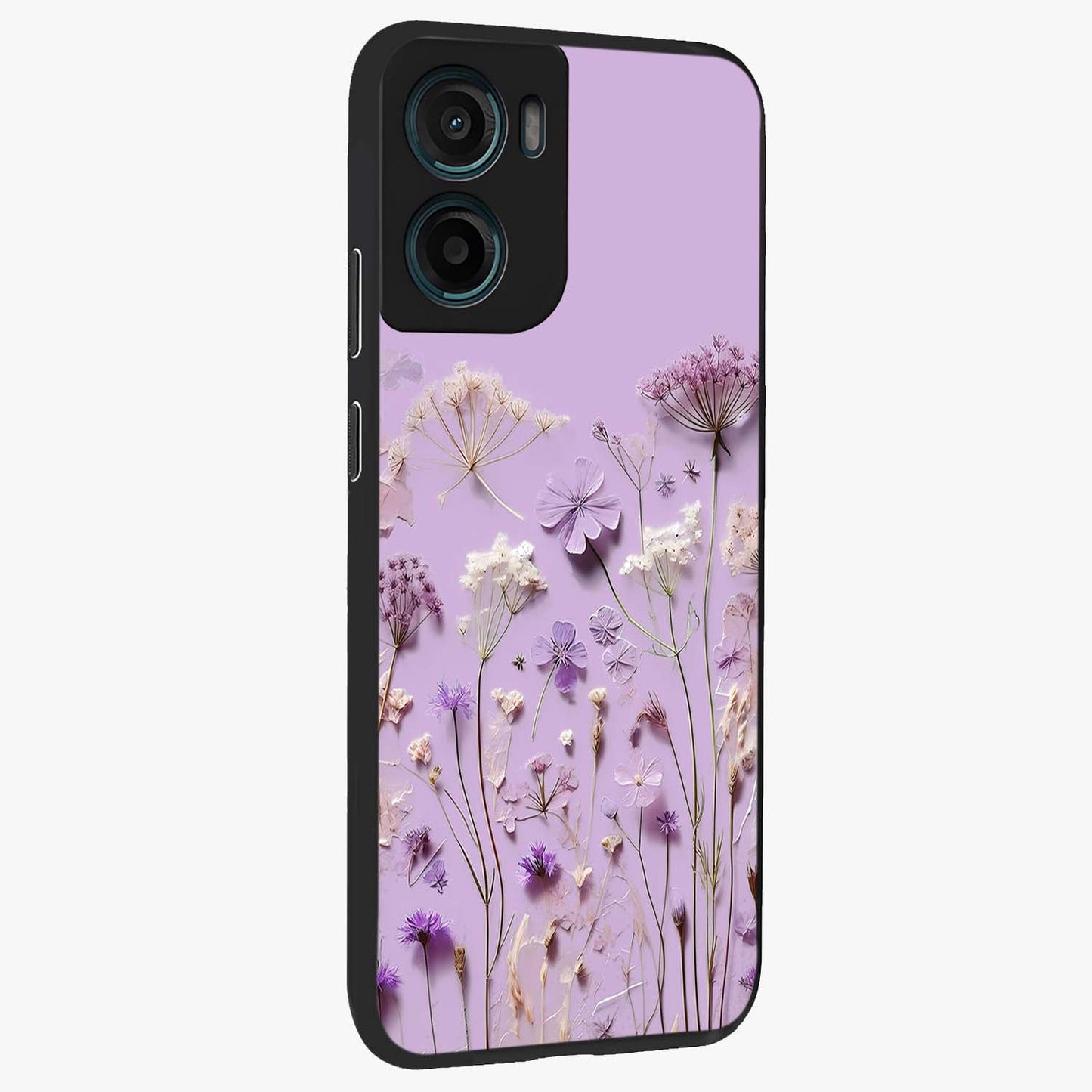 Lavender Blossom Dream Glass Case upright view showcasing delicate lavender blossom artwork with peaceful floral theme.