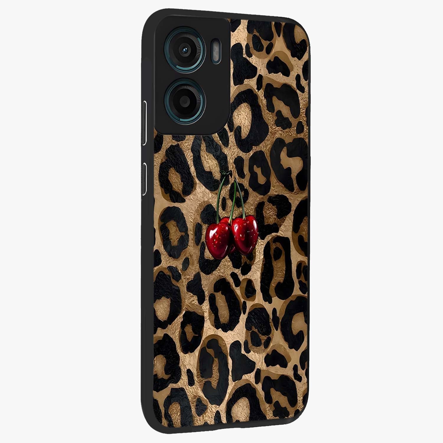 Leopard Wild Cherry Glass Case upright view showcasing stylish leopard pattern artwork with trendy fashion theme.
