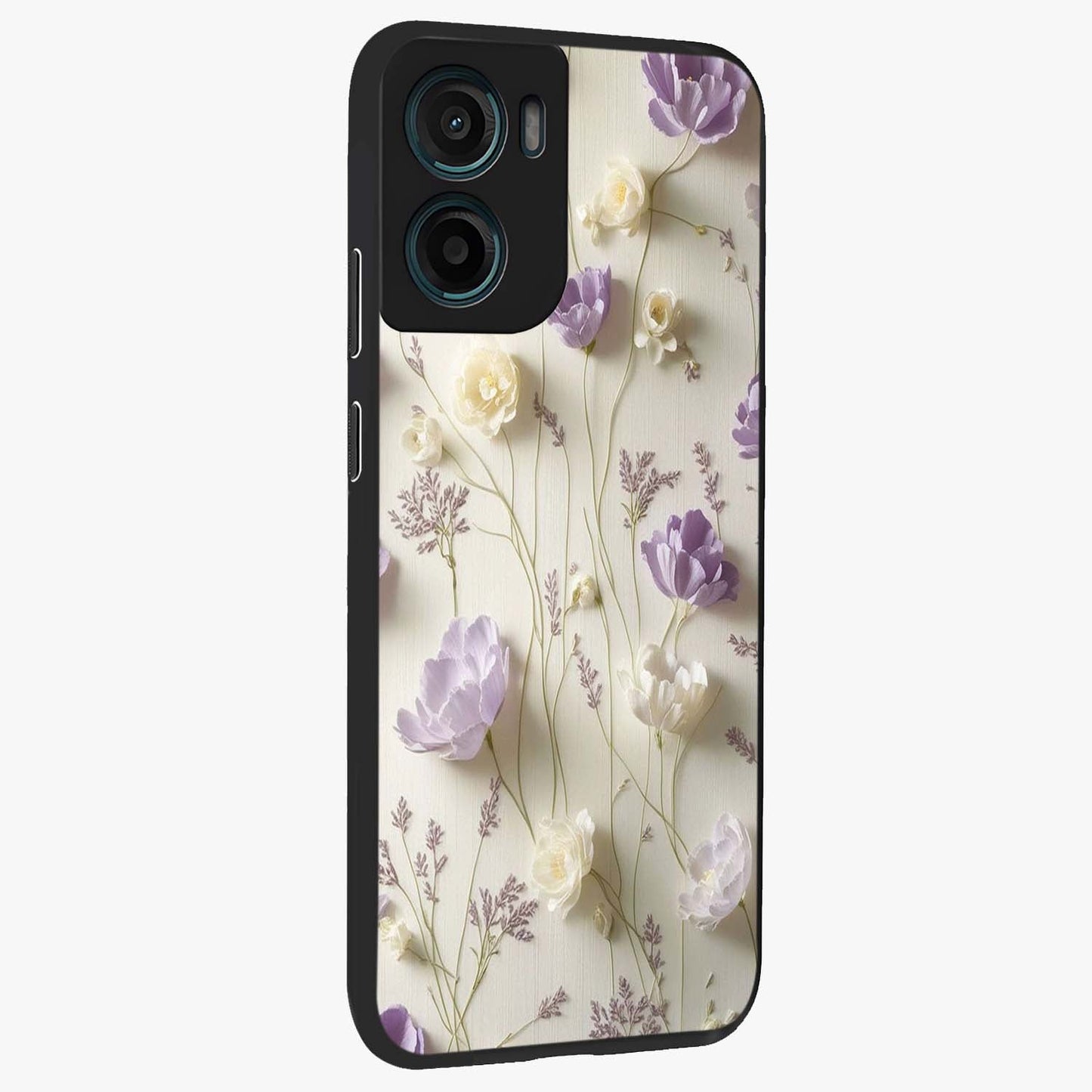 Lilac Breeze Harmony Glass Case upright view showcasing delicate lilac artwork with peaceful floral theme.