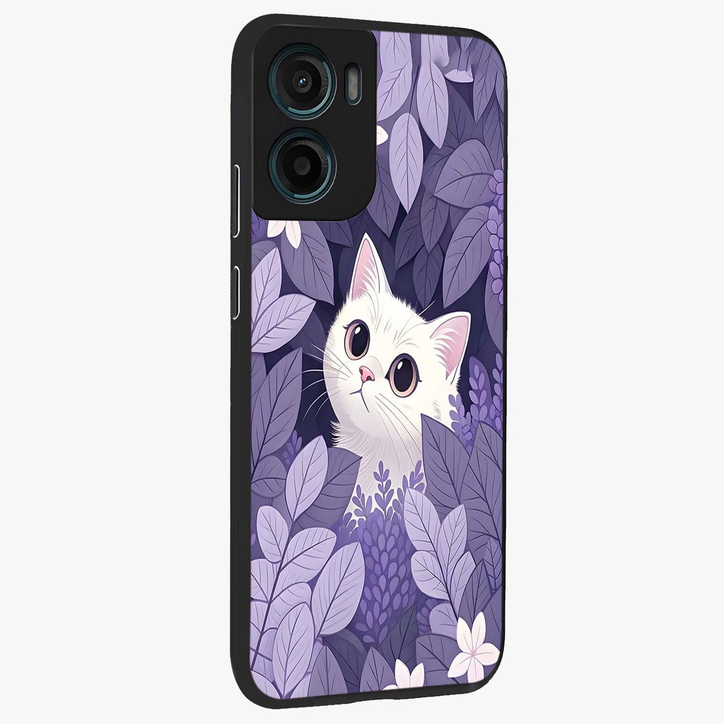 Lilac Hide Peek Cat Glass Case upright view showcasing charming cat artwork with adorable peek theme.