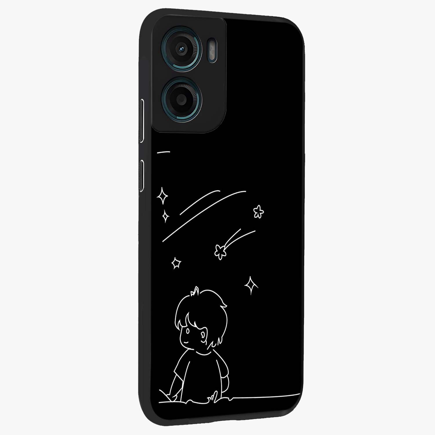 Line Art Boy With Shooting Stars Glass Case upright view showcasing artistic shooting star illustration with minimal style.