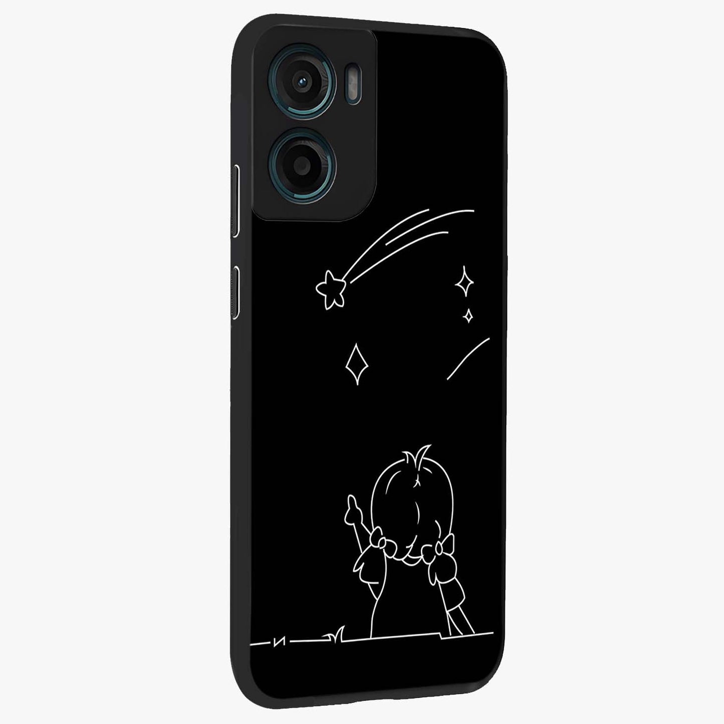 Line Art Girl With Shooting Stars Glass Case upright view showcasing delicate shooting stars artwork with minimal artistic theme.