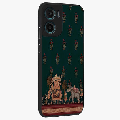 Macmerise Glass Case upright view showcasing bold artistic artwork with contemporary design theme.