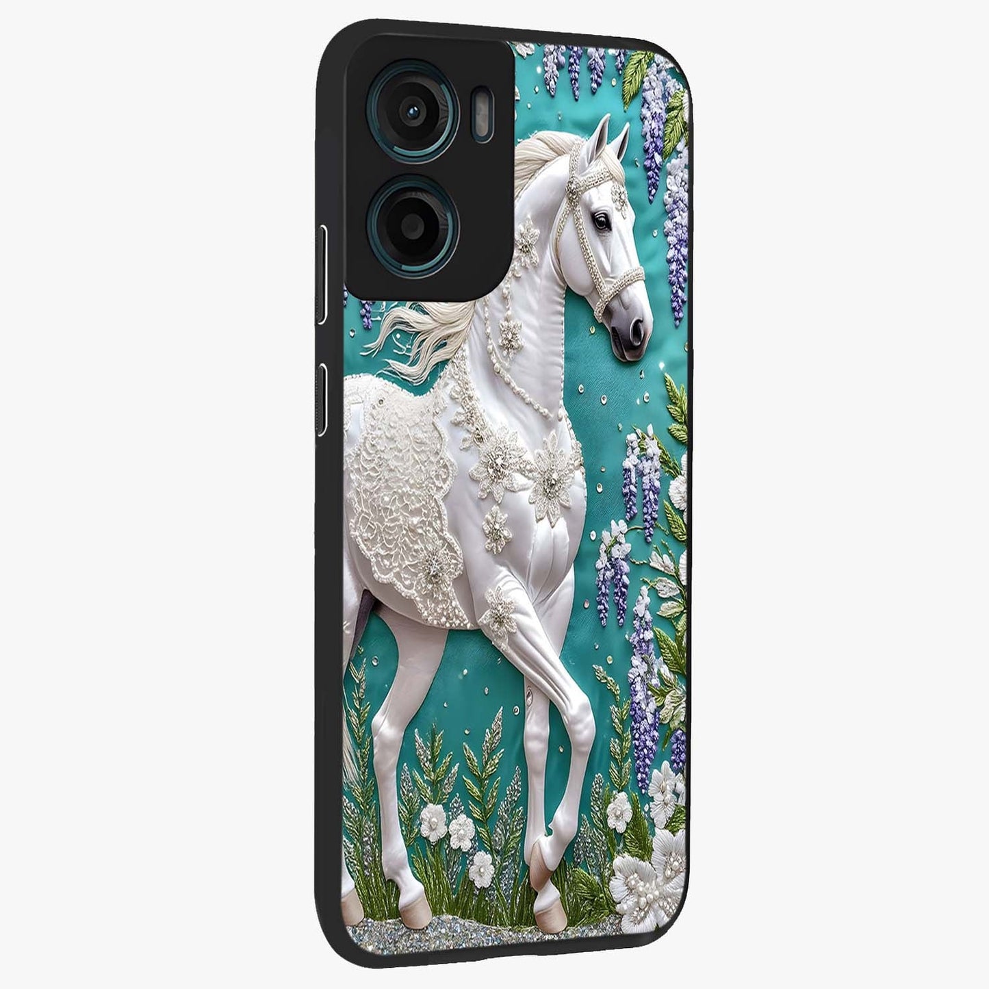 Majestic Floral Stallion Glass Case upright view showcasing dramatic horse artwork with decorative floral theme.