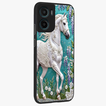Majestic Floral Stallion Glass Case upright view showcasing dramatic horse artwork with decorative floral theme.
