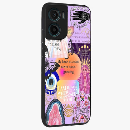 Manifestation Collage Glass Case upright view showcasing artistic manifestation themed artwork with creative style.