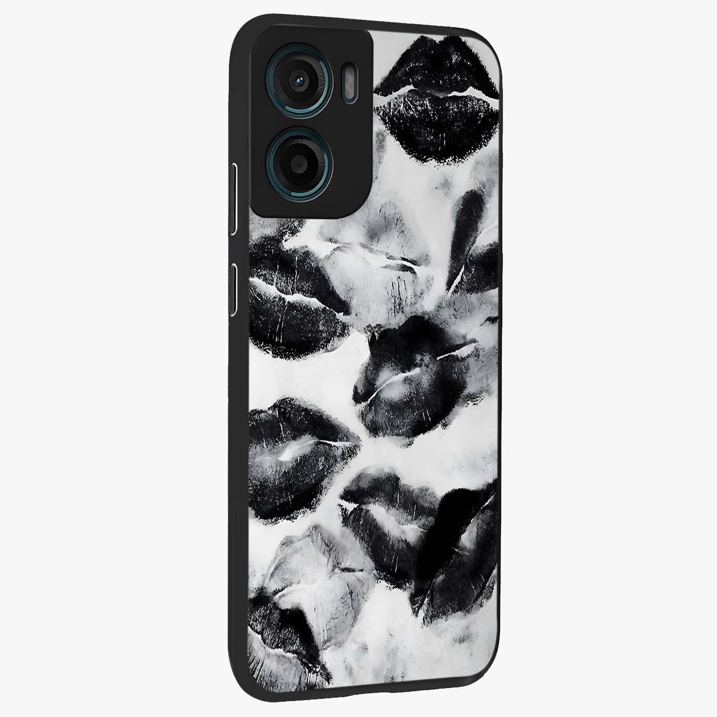 Midnight Kiss Marks Glass Case upright view showcasing stylish kiss mark artwork with trendy romantic theme.