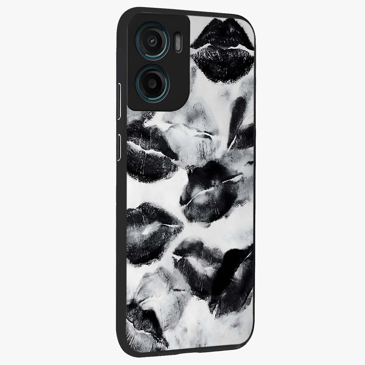 Midnight Kiss Marks Glass Case upright view showcasing stylish kiss mark artwork with trendy romantic theme.
