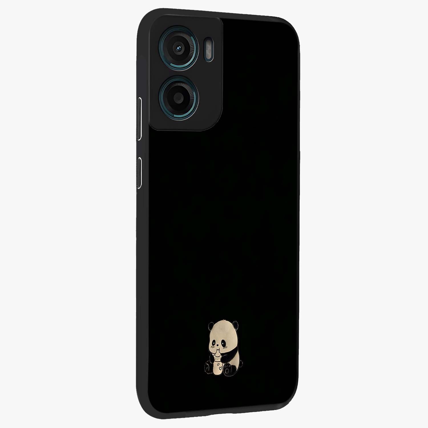 Midnight Panda Love Glass Case upright view showcasing charming panda artwork with playful romantic theme.
