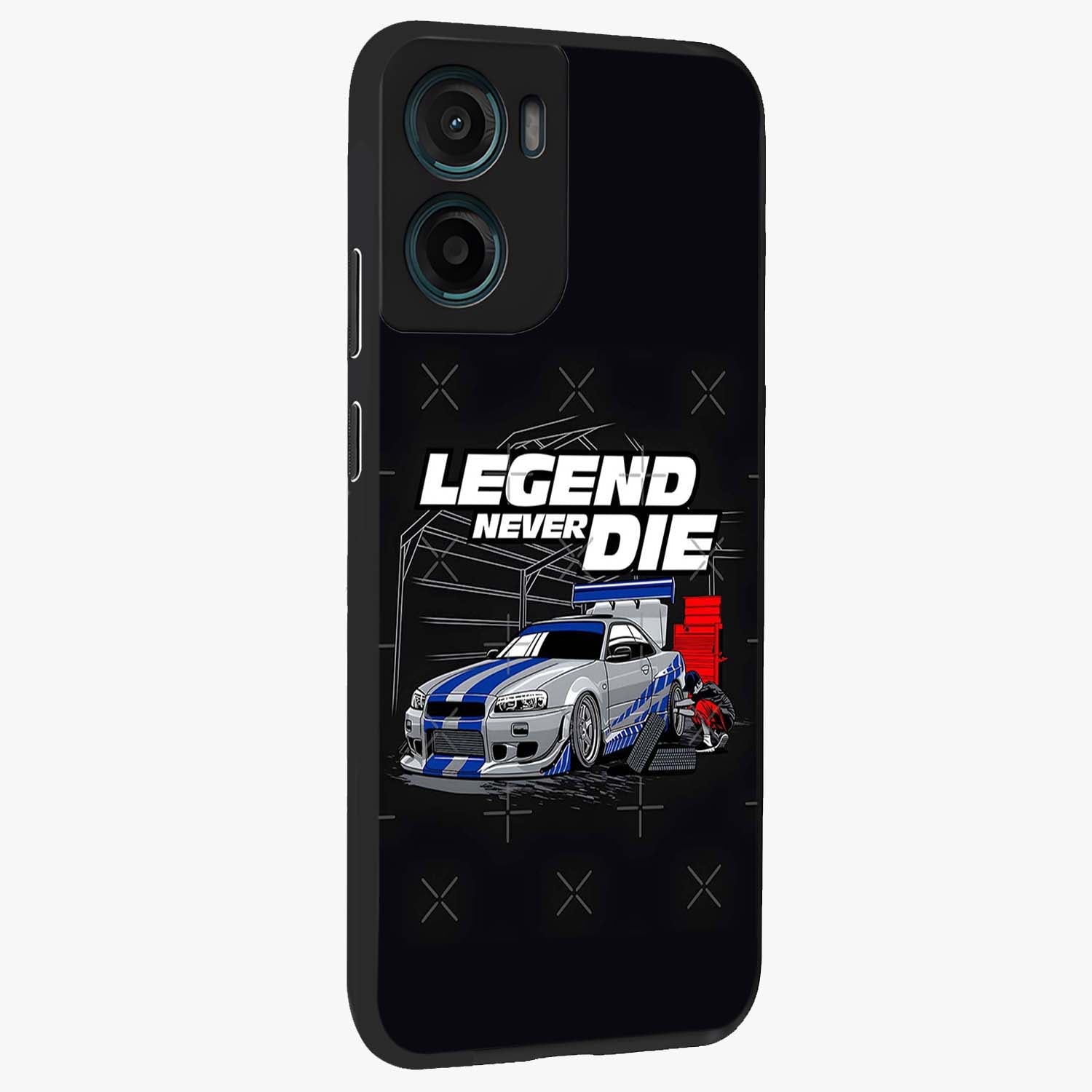 Midnight Racing Legacy Glass Case upright view showcasing powerful racing artwork with modern sports theme.