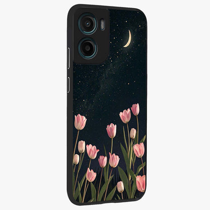 Midnight Tulip Whispers Vibe Glass Case upright view showcasing graceful tulip artwork with calm botanical theme.