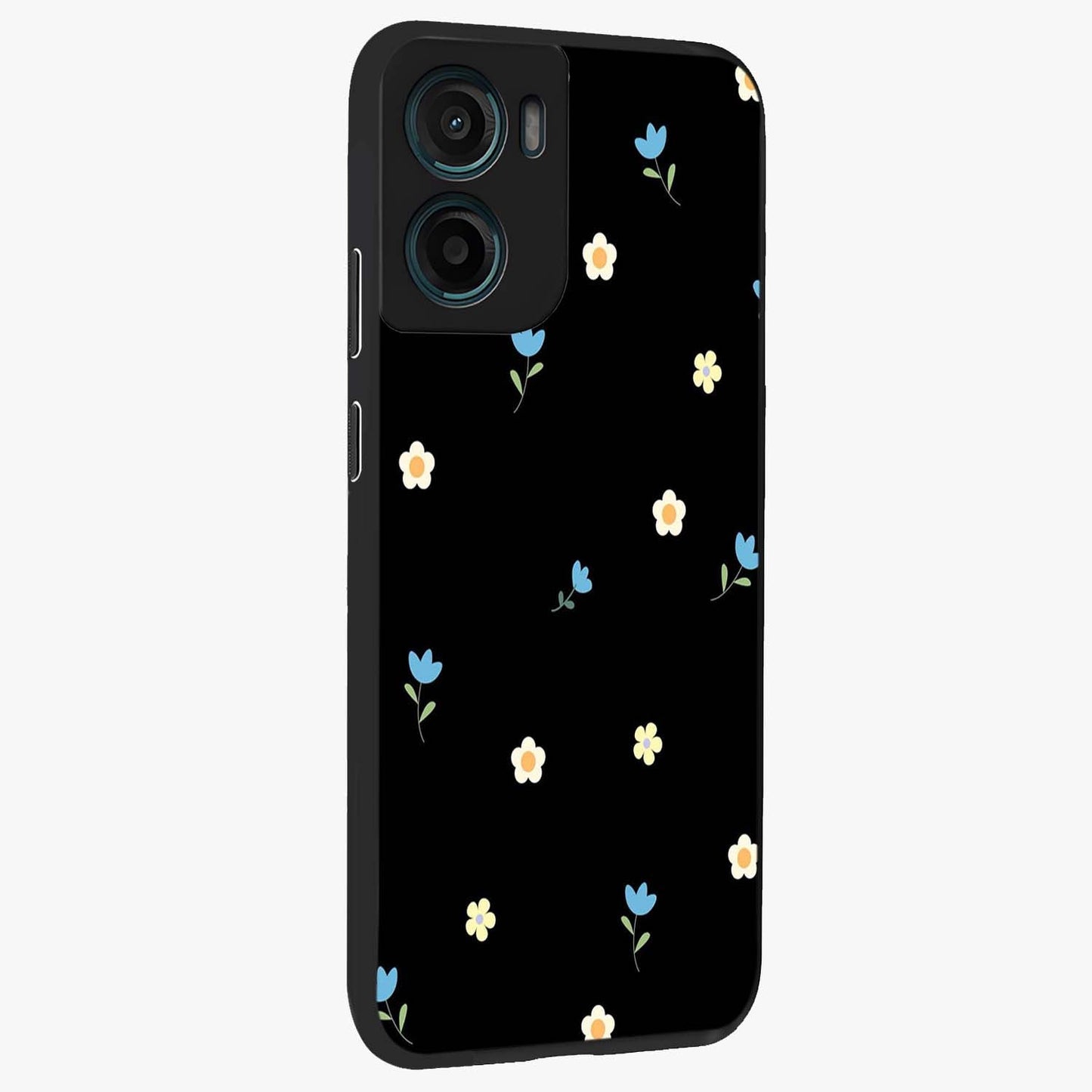 Minimal Petal Whispers Glass Case upright view showcasing elegant floral artwork with modern minimalist style.