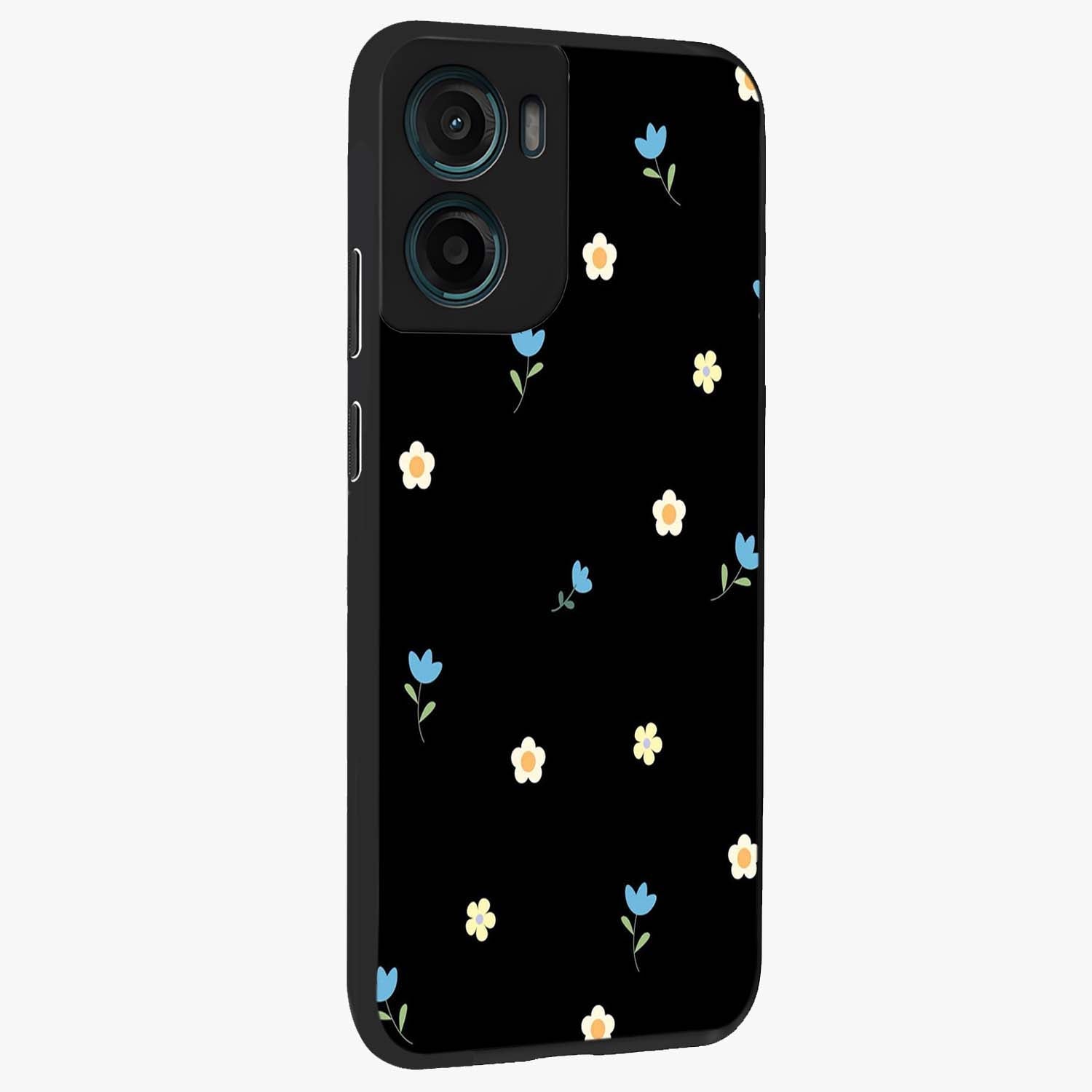 Minimal Petal Whispers Glass Case upright view showcasing elegant floral artwork with modern minimalist style.