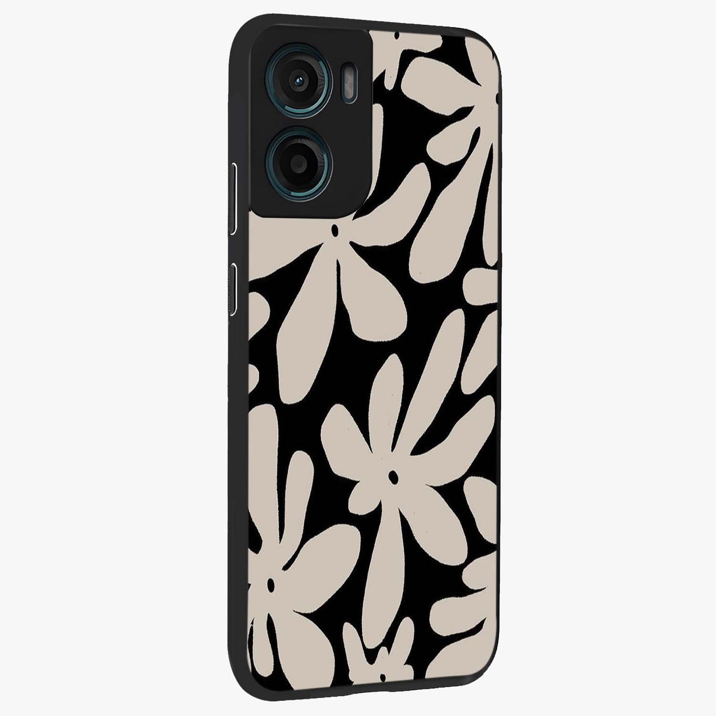 Monochrome Petal Dance Glass Case upright view showcasing artistic floral pattern with stylish monochrome theme.