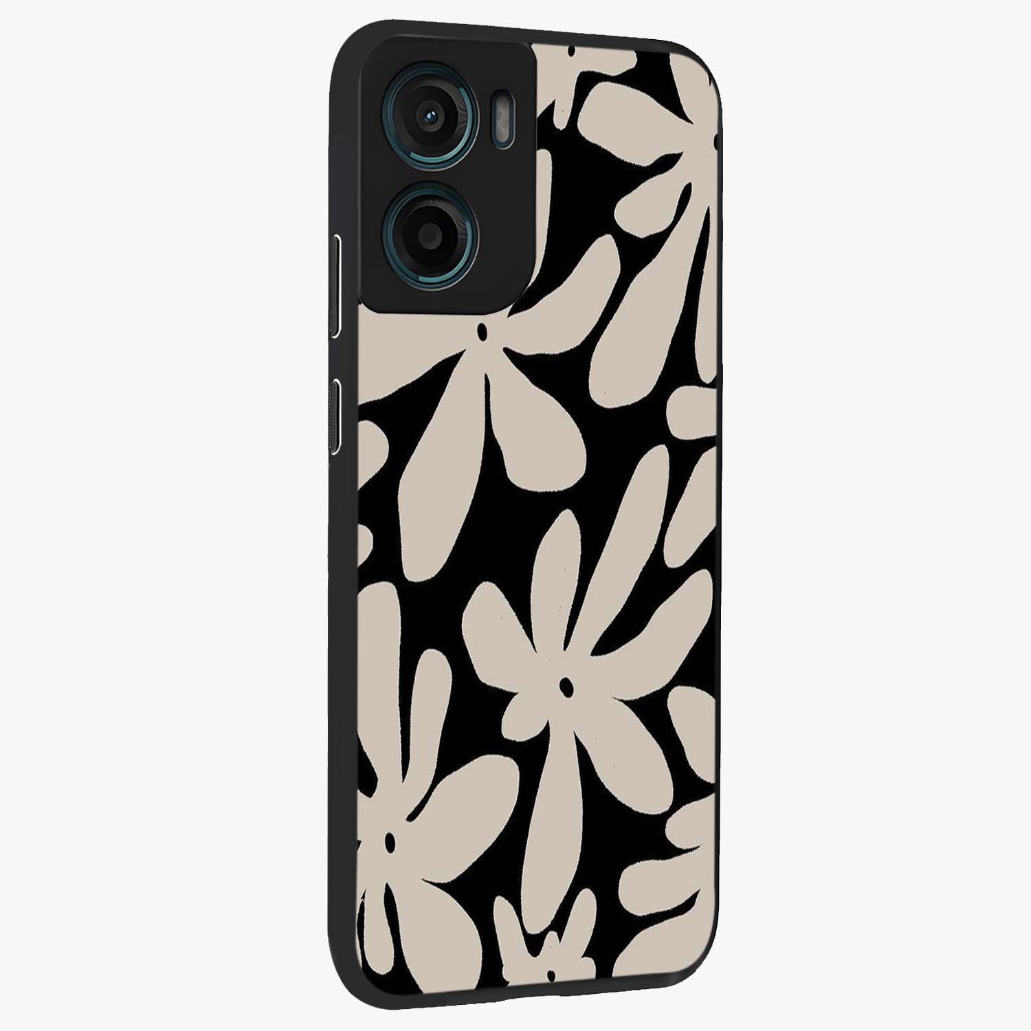 Monochrome Petal Dance Glass Case upright view showcasing artistic floral pattern with stylish monochrome theme.