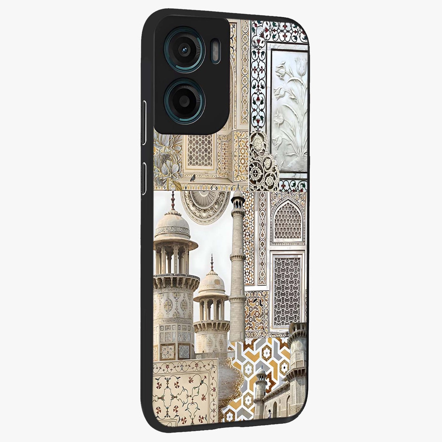 Mughal Marble Legacy Glass Case upright view showcasing ornate Mughal design with luxurious traditional theme.