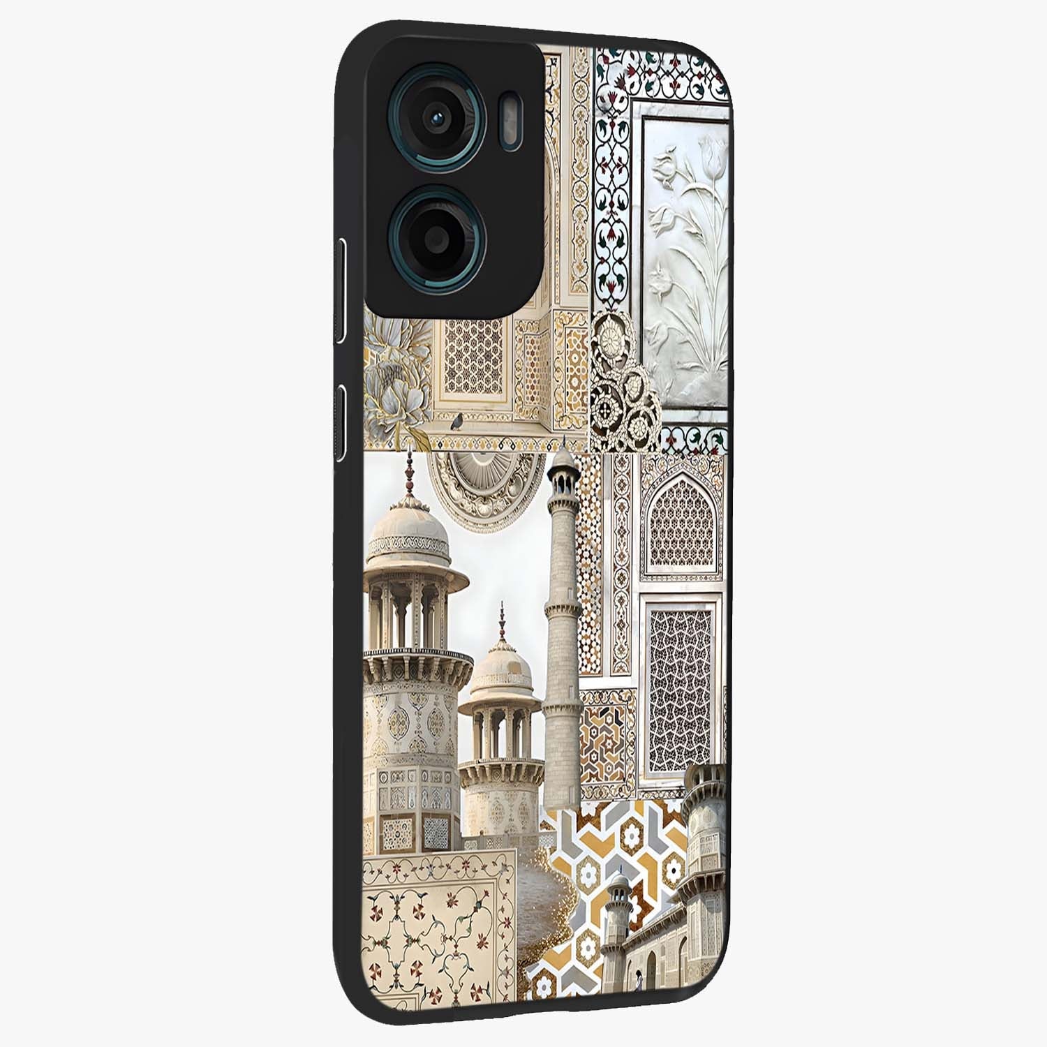 Mughal Marble Legacy Glass Case upright view showcasing ornate Mughal design with luxurious traditional theme.