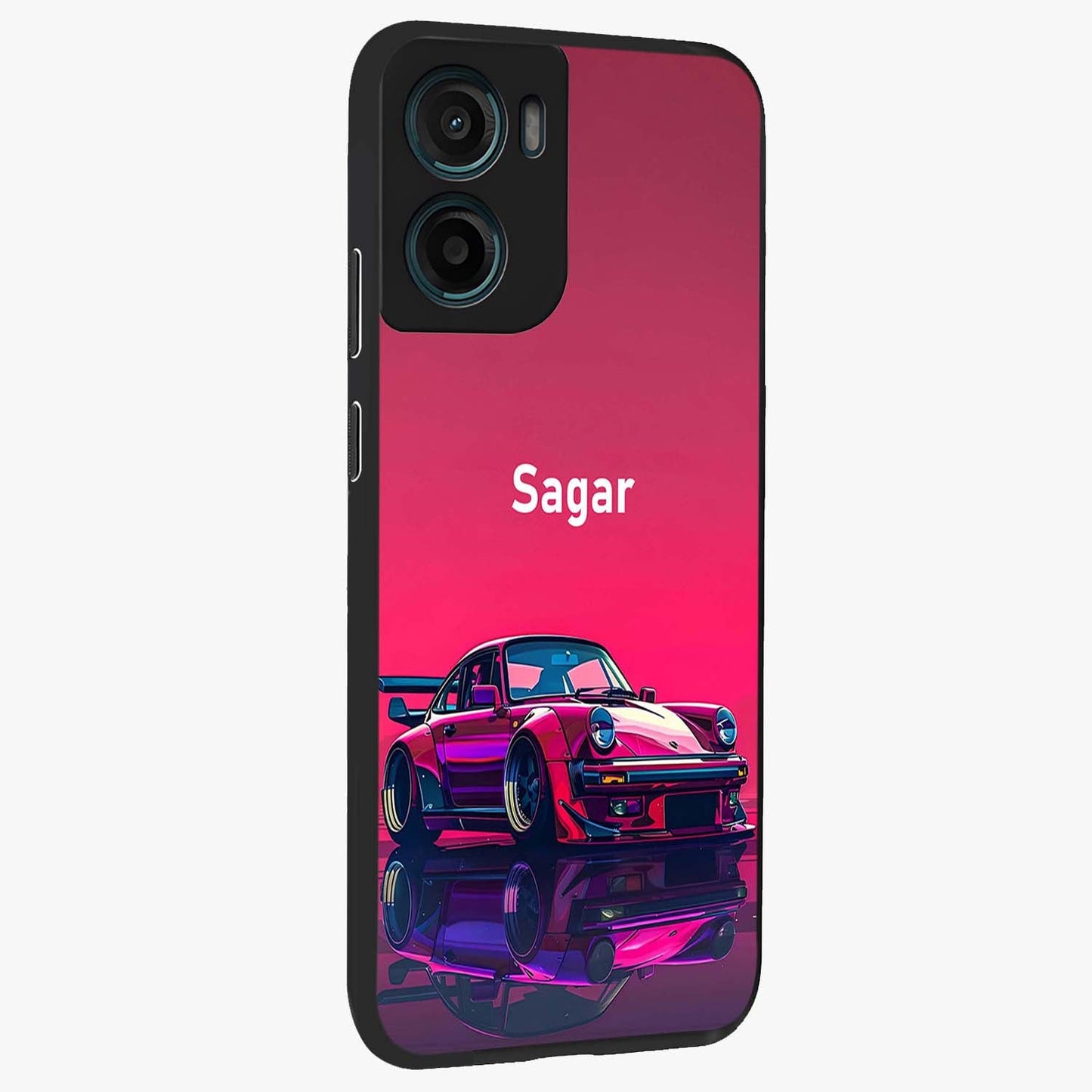 Neon Pink Porsche Glass Case upright view showcasing vibrant sports car artwork with bold automotive theme.