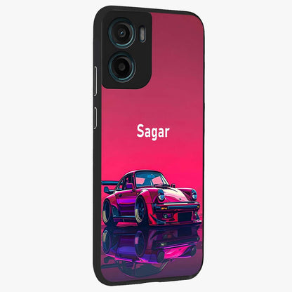 Neon Pink Porsche Glass Case upright view showcasing vibrant sports car artwork with bold automotive theme.