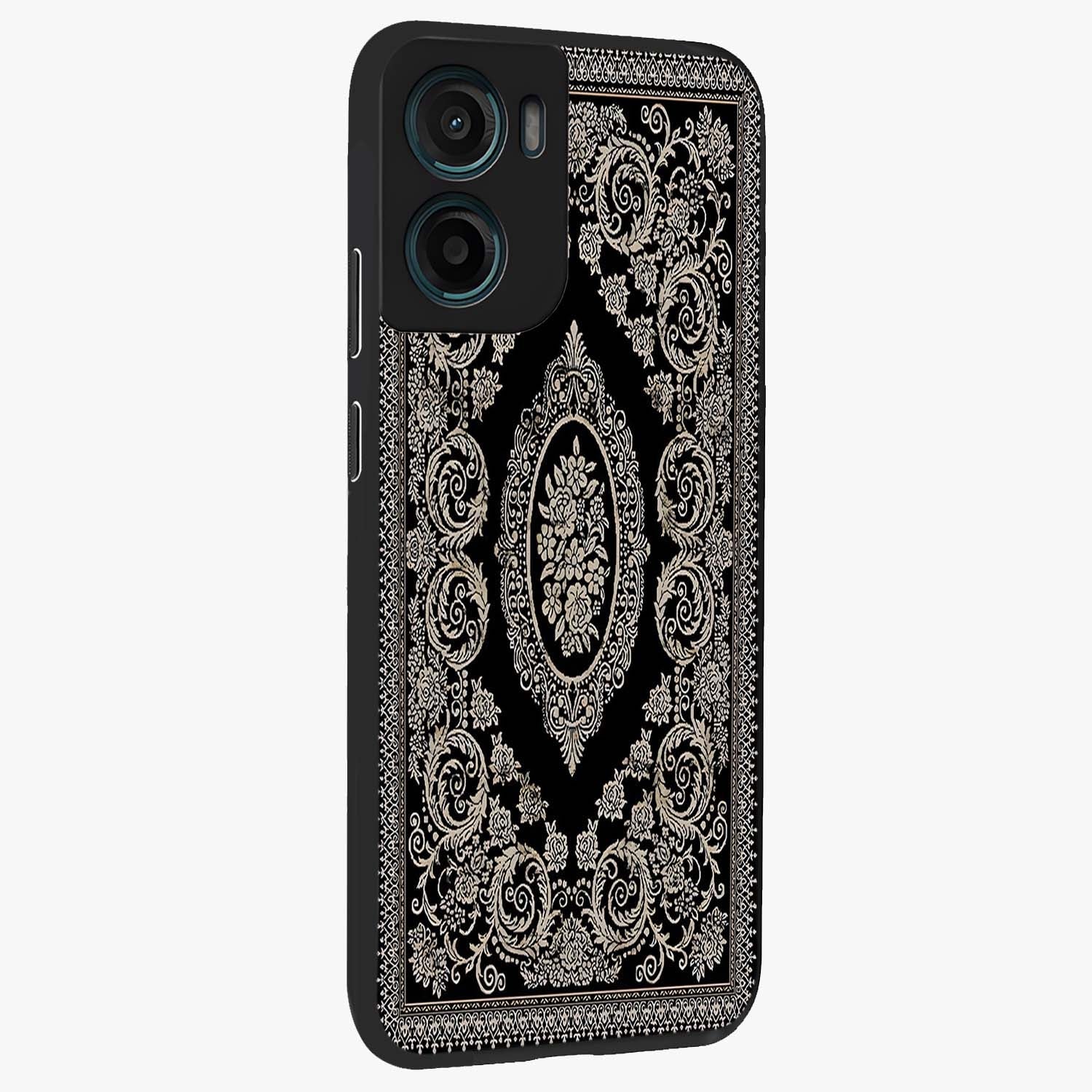 Noir Bloom Elegance Glass Case upright view showcasing graceful floral artwork with luxurious dark theme.