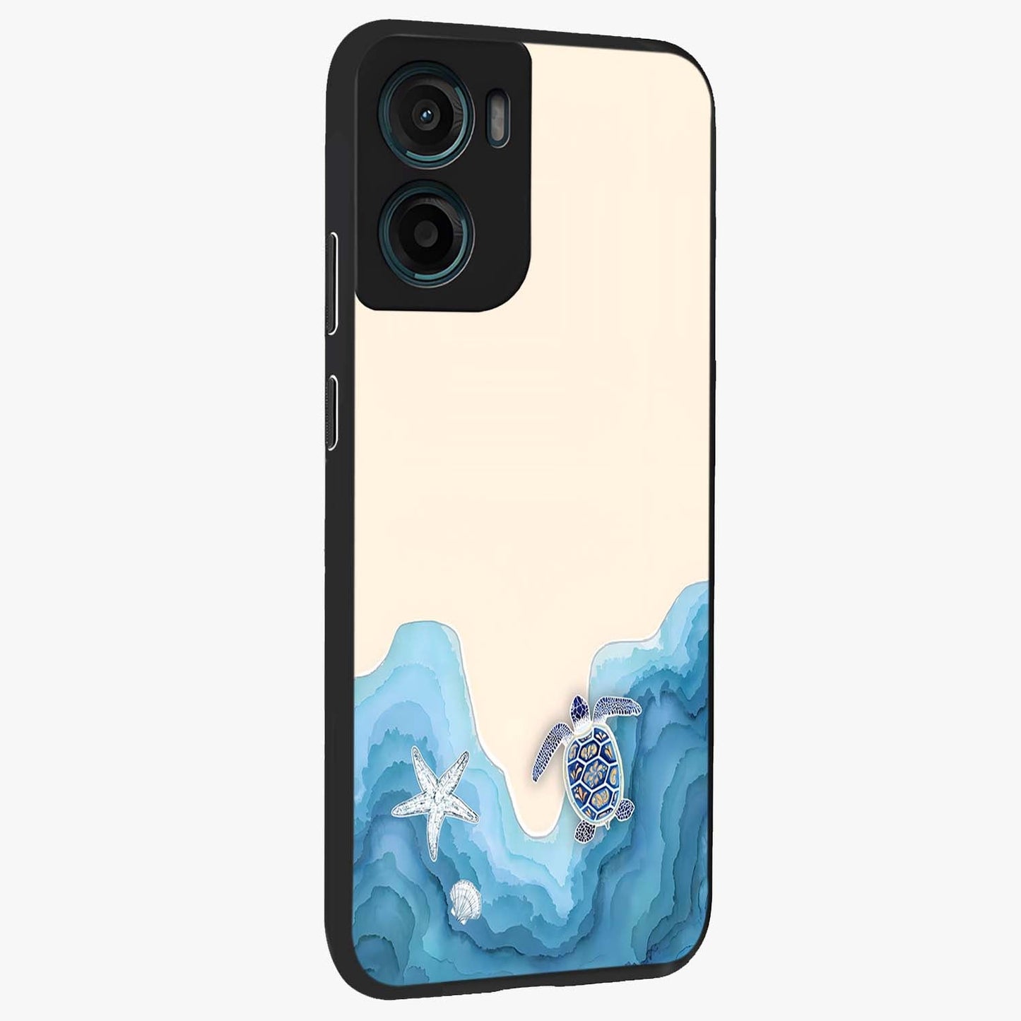 Ocean Drift Turtle Glass Case upright view showcasing calm underwater turtle artwork with nature inspired theme.