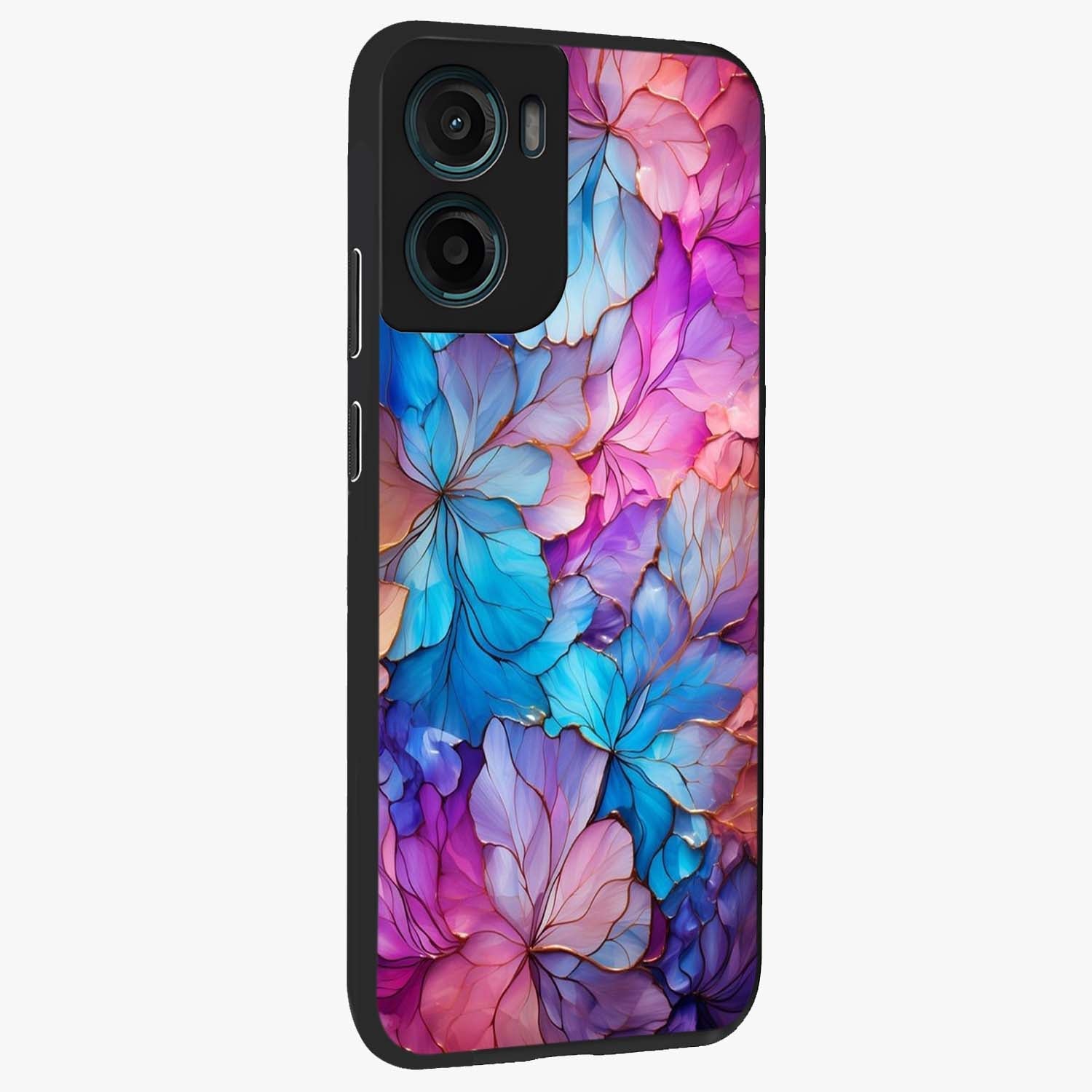 Radiant Floral Whirl Glass Case upright view showcasing lively floral artwork with decorative swirl theme.