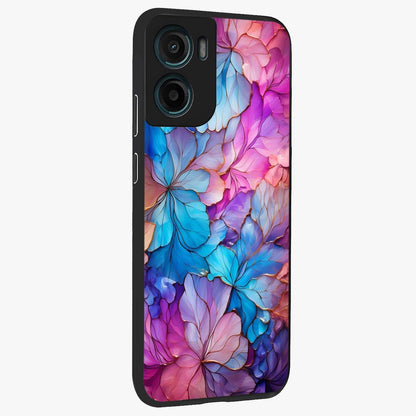 Radiant Floral Whirl Glass Case upright view showcasing lively floral artwork with decorative swirl theme.