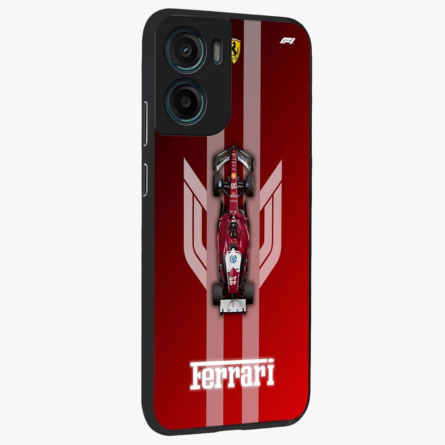 Red Ferrari F1 Vertical Glass Case upright view showcasing powerful Formula car artwork with dynamic motorsport theme.