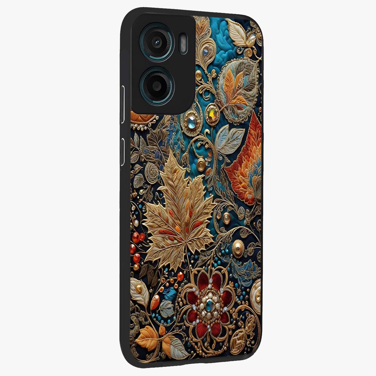 Royal Jewel Garden Glass Case upright view showcasing rich floral artwork with luxurious garden theme.