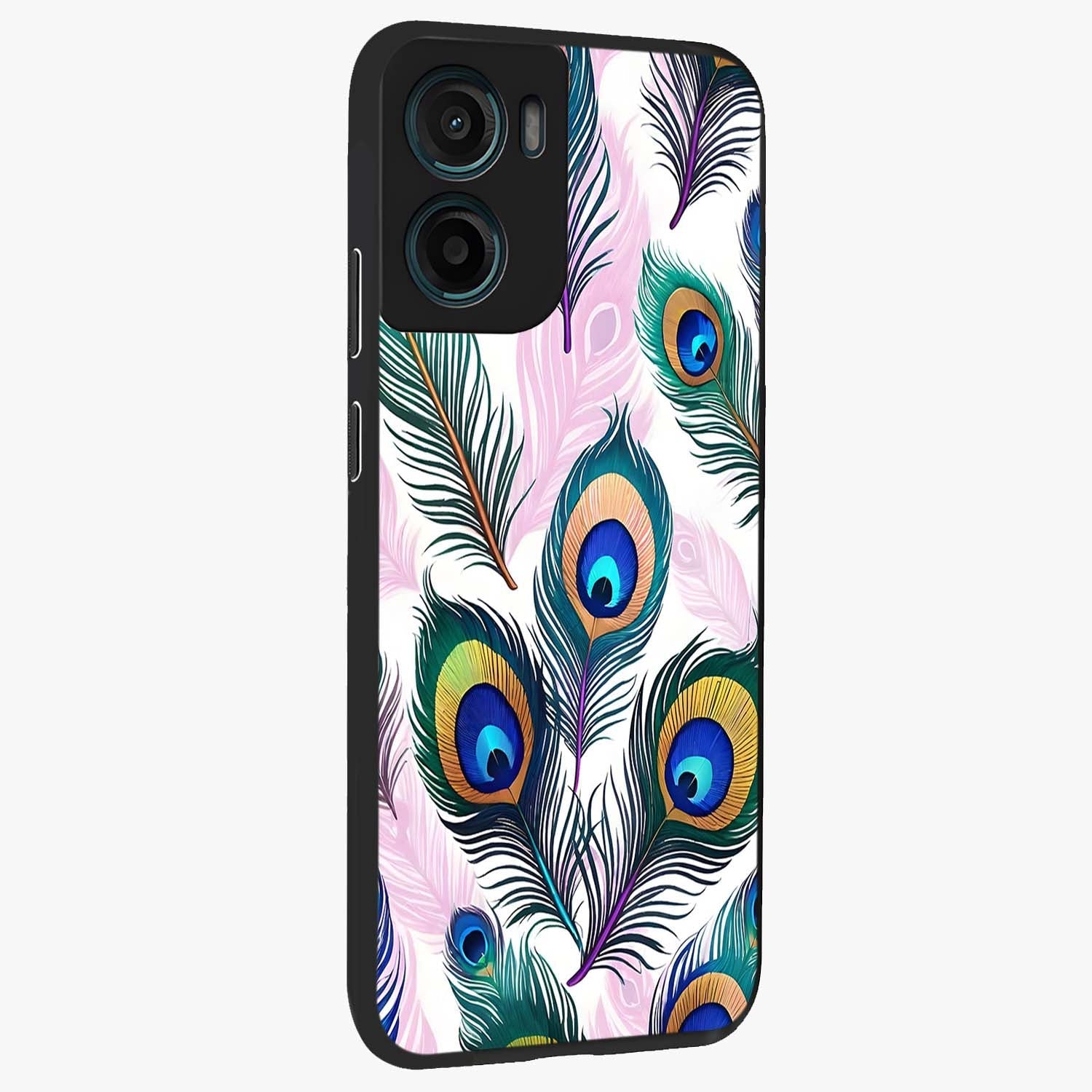 Royal Peacock Feathers Glass Case upright view showcasing elegant peacock feather artwork with decorative royal theme.