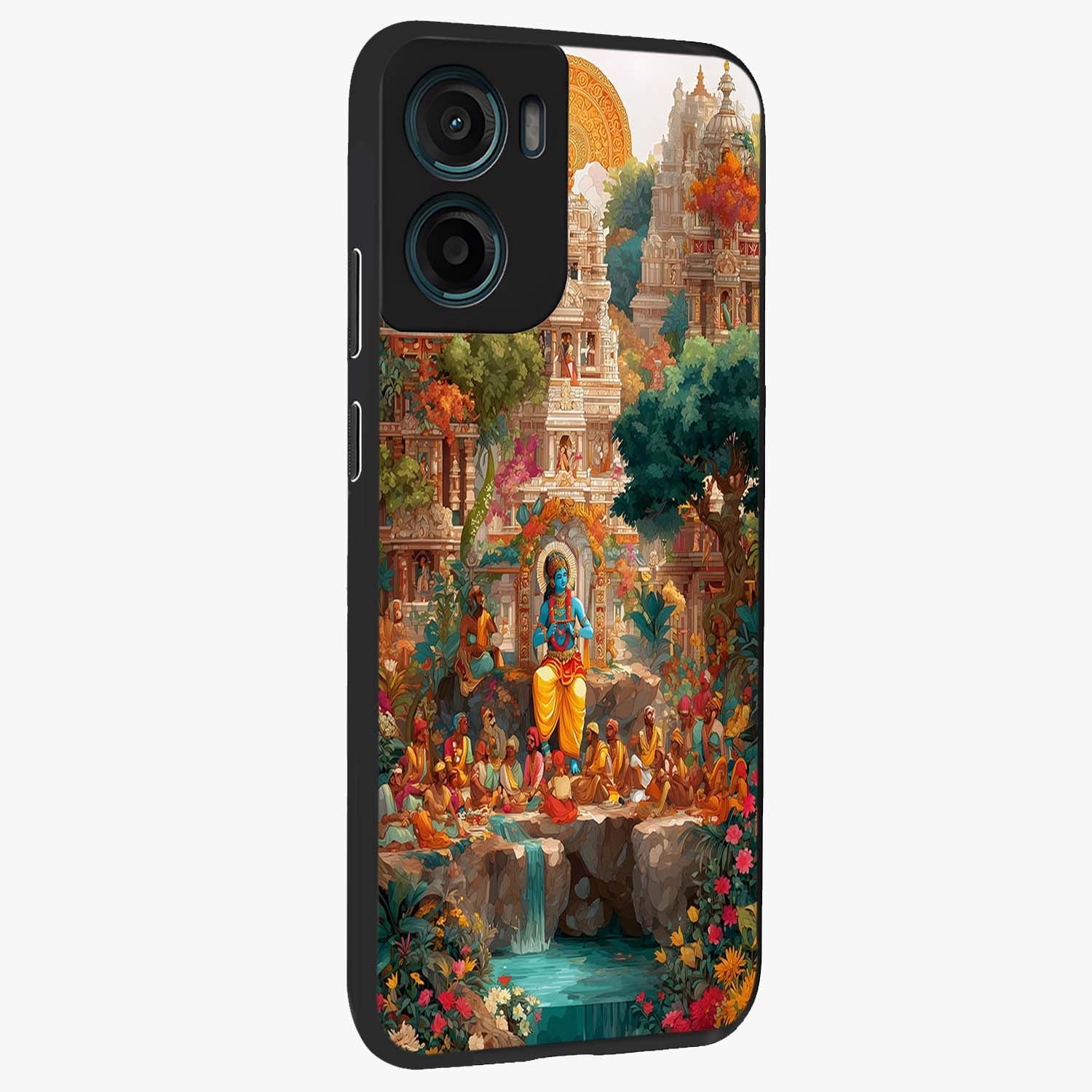 Sacred Sunlight Gods Glass Case upright view showcasing glowing divine artwork with sacred mythological theme.