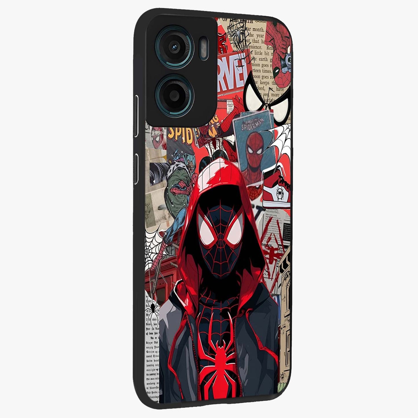 Spider Collage Street Glass Case upright view showcasing bold superhero artwork with urban street theme.