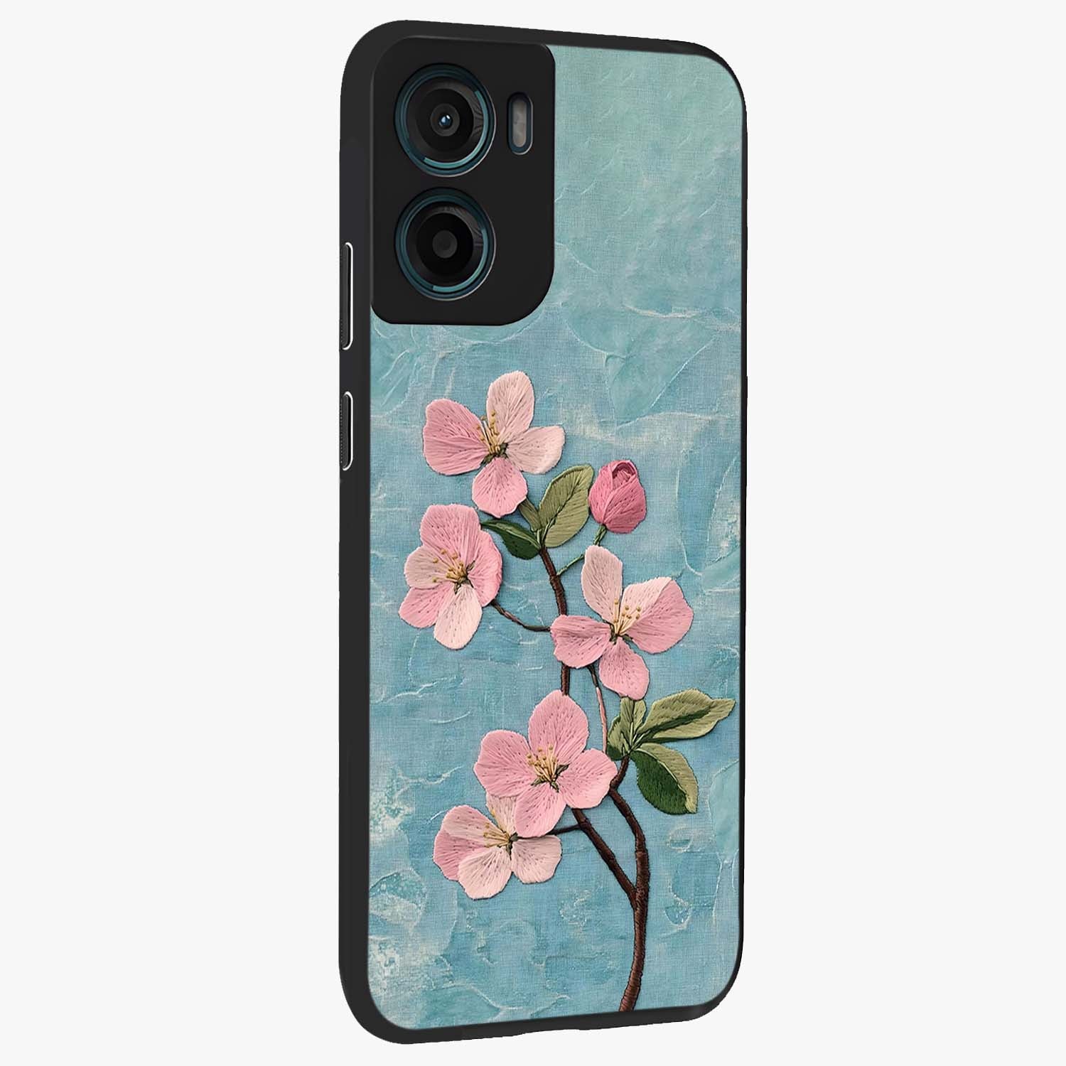 Threaded Blossom Breeze Glass Case upright view showcasing graceful flower artwork with calm botanical theme.