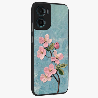 Threaded Blossom Breeze Glass Case upright view showcasing graceful flower artwork with calm botanical theme.