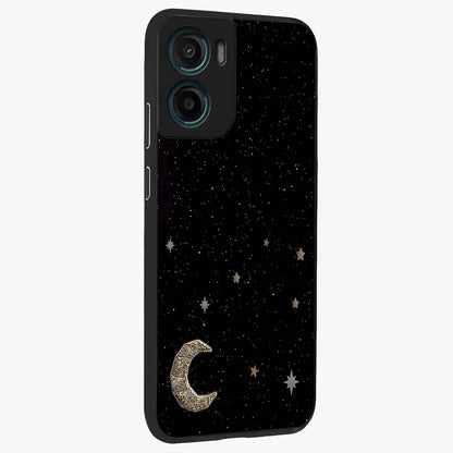 Twinkle Star With Half Moon Glass Case upright view showcasing glowing cosmic artwork with dreamy night theme.