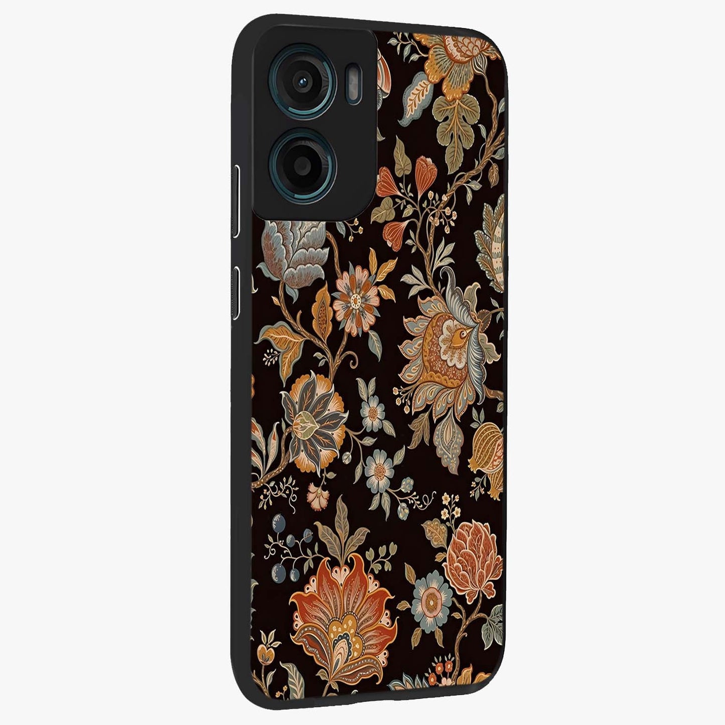 Vintage Floral Dream Glass Case upright view showcasing delicate floral artwork with timeless vintage theme.