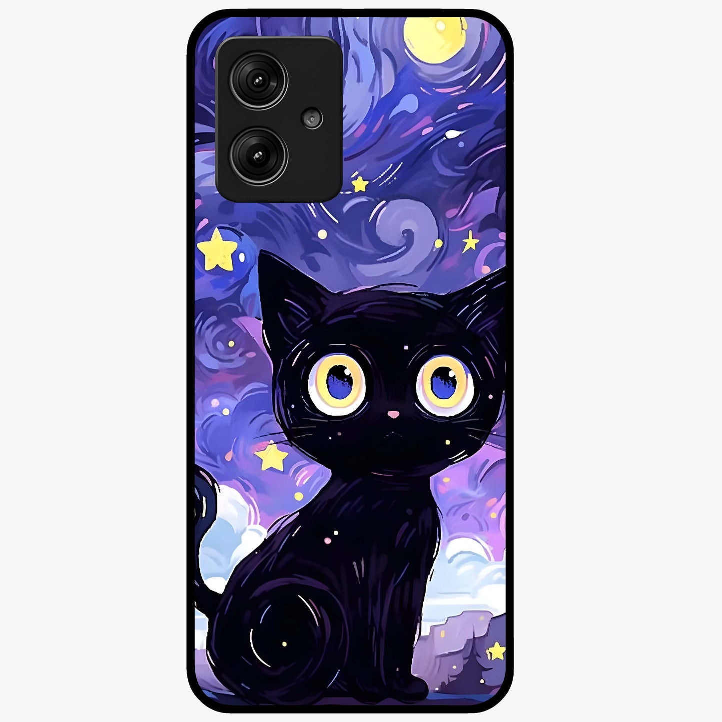 Abstract Cat Art Glass Case showing flat back view with artistic cat illustration and glossy glass finish.
