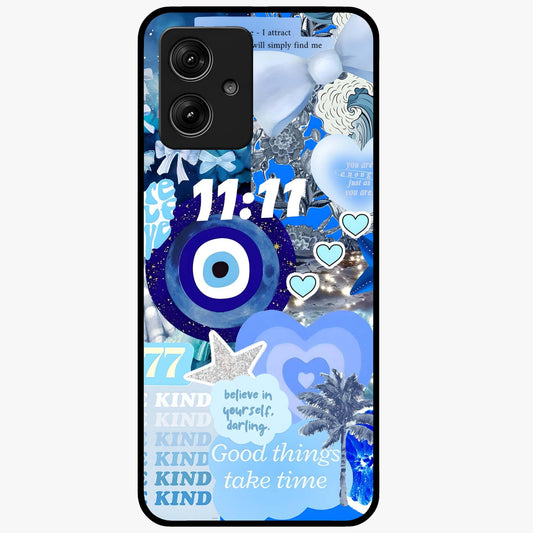 Aesthetic Be Kind Eye Glass Case showing flat back view with motivational eye artwork and glossy glass finish.